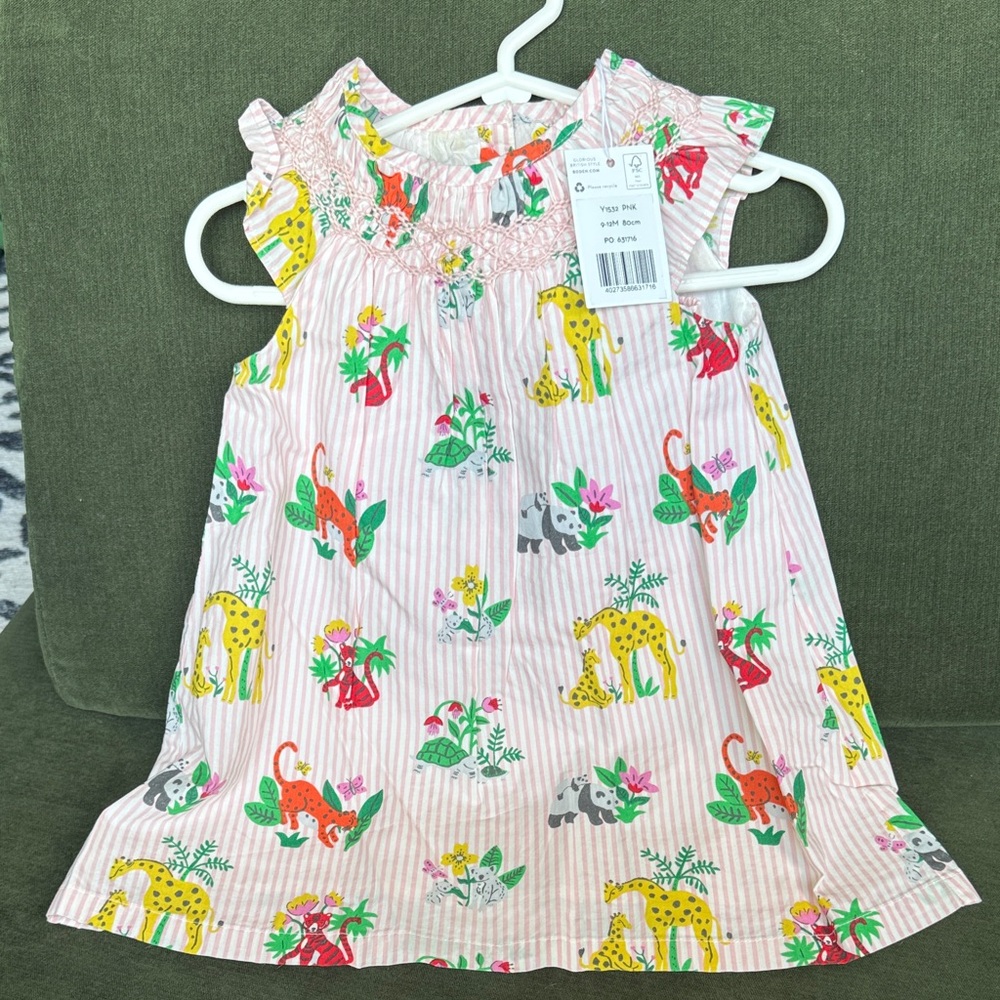Mini Boden Pink Striped Dress with Colorful Jungle Animal Print